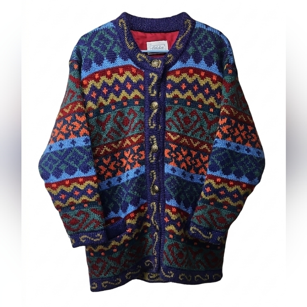Vintage Folda Patterned Colorful Pure Wool Lined Jacket Sz M Womens